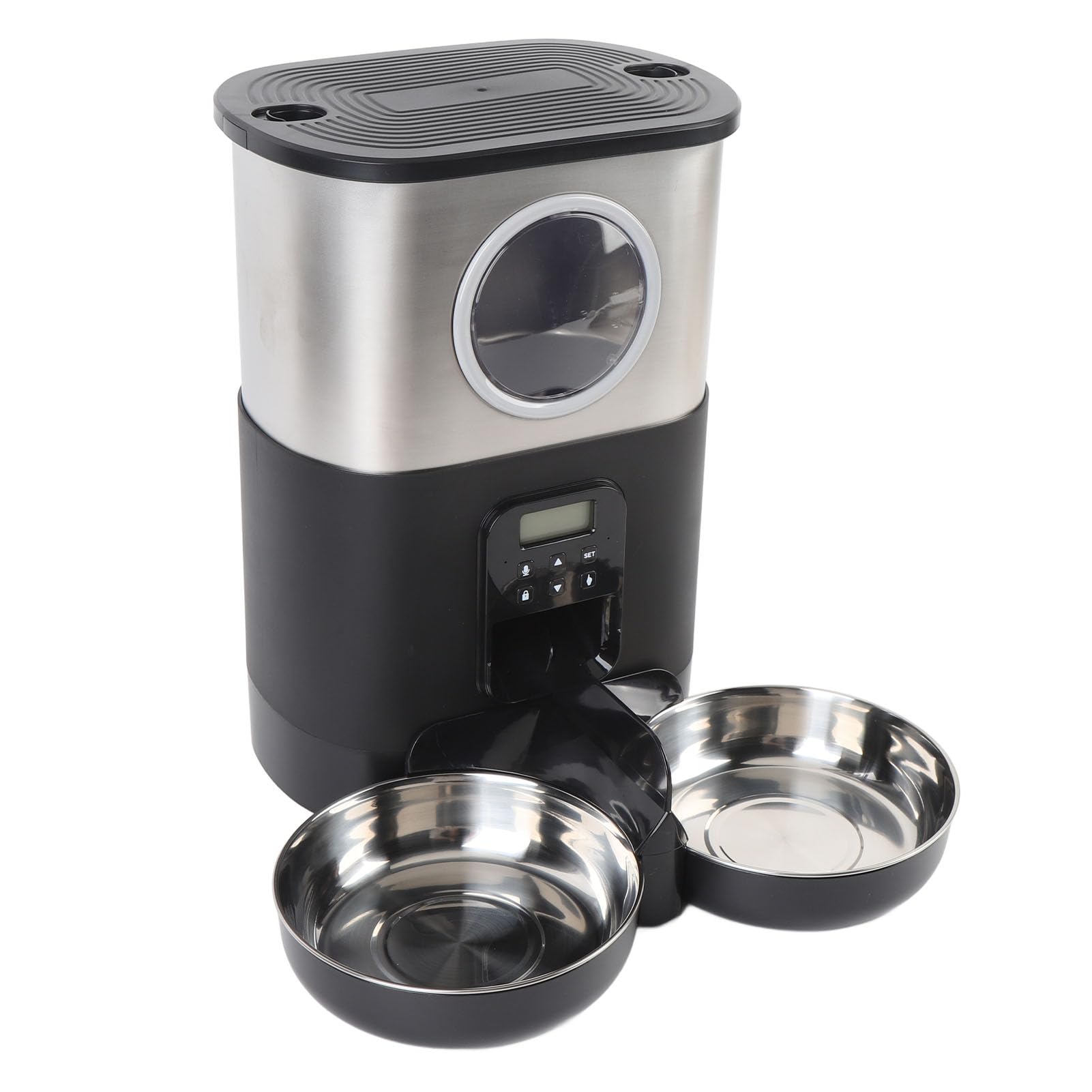 Sorandy Comedero Automático para Gatos, Comedero para Gatos de 5 litros de Capacidad, Cuantitativo Temporizado con Cuencos de Acero Inoxidable y Ventana Grande para Comprobar el Nivel de Alimentos,