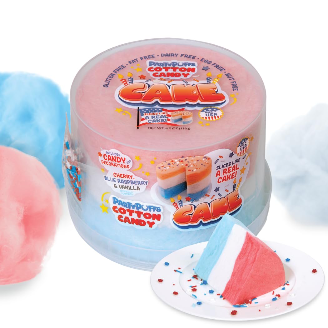 PartyPuffs 4oz Sliceable Cotton Candy Cake Tub – Strawberry Vanilla Blue Raspberry – Ready-to-Serve Gluten-Free Dessert for Kids & Party Favors