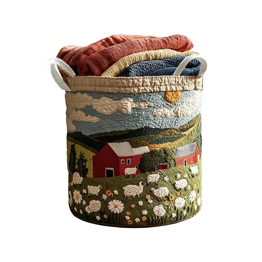 3D Cute Sheep Print Quilted Laundry Basket Home Storage Hamper with Handles (KT39102A02,S) — image 1