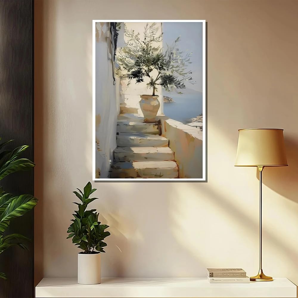 GOSRD Canvas Prints Poster Mediterranean Olive Tree Landscape Art, Print Wall Arts Decor Rustic Inspired Soft Tones Home Room(60x90CM/Frameless)