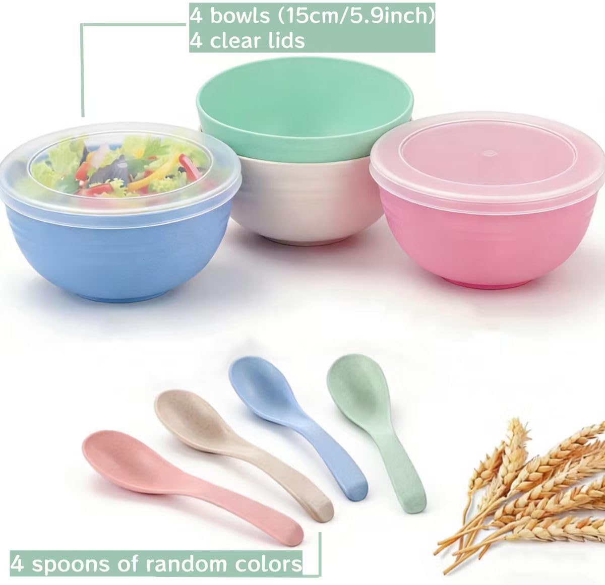 Wheat Straw Bowls with Lids BPA Free, Microwave & Dishwasher Safe (4) - Image 3
