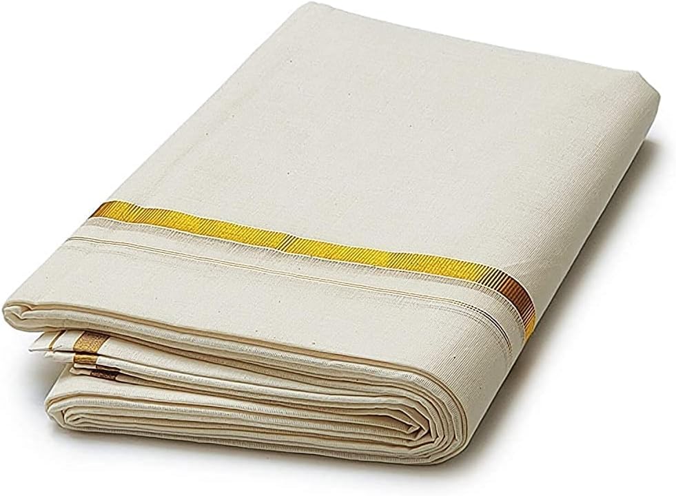 Kolakeer™ Men's Cotton Dhoti with Elegant Kasavu Zari Border - 3.6 Mtrs/8 Mulam/Double Layer South Indian Veshti Mundu (30K Gold Zari, Cream)