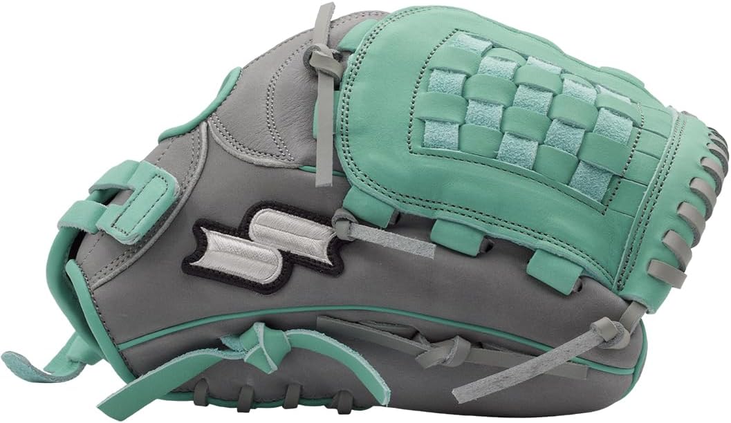 SSK FP5 Fastpitch Softball Glove – Infield - Outfield - Pitcher – 11.5”-11.75”-12”-12.25”-12.5”-12.75”-13”– Right & Left Hand Throw (Grey/Mint - Basket Web, 11.5" - Left Hand Throw)