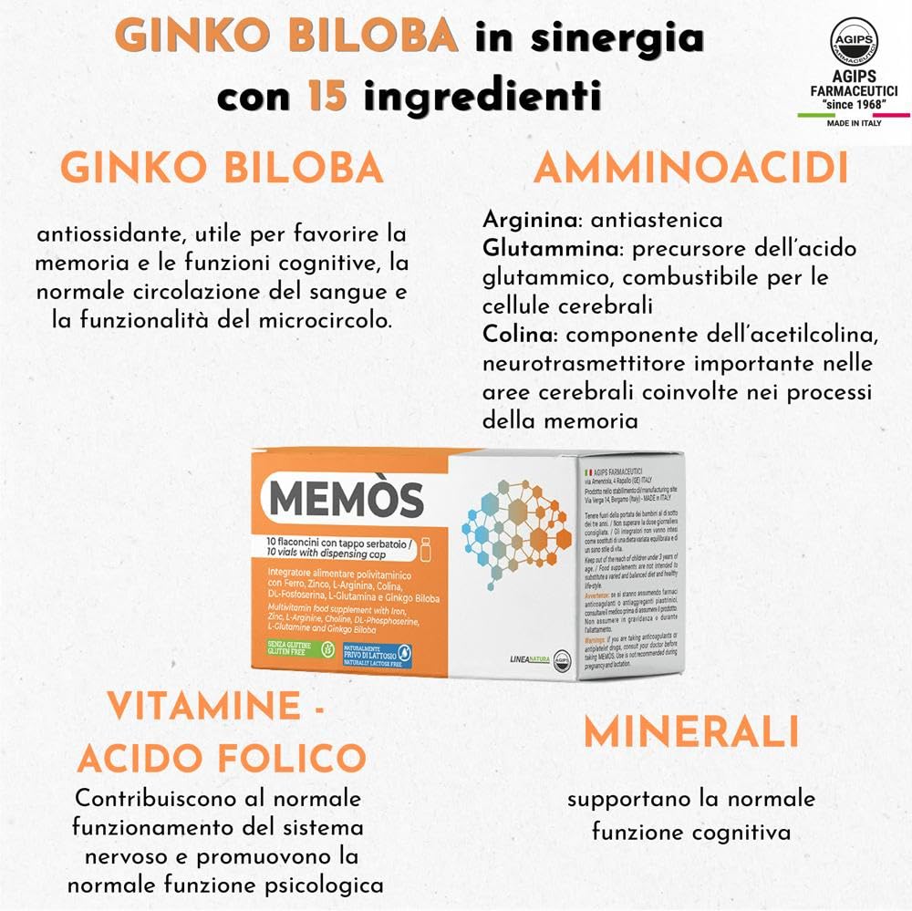 Agips Memos Integratore Memoria concentrazione e Stanchezza Mentale. Ideale per Studiare Contro lo Stress Ricostituente Ginko Biloba Vitamina B. 10 flaconi