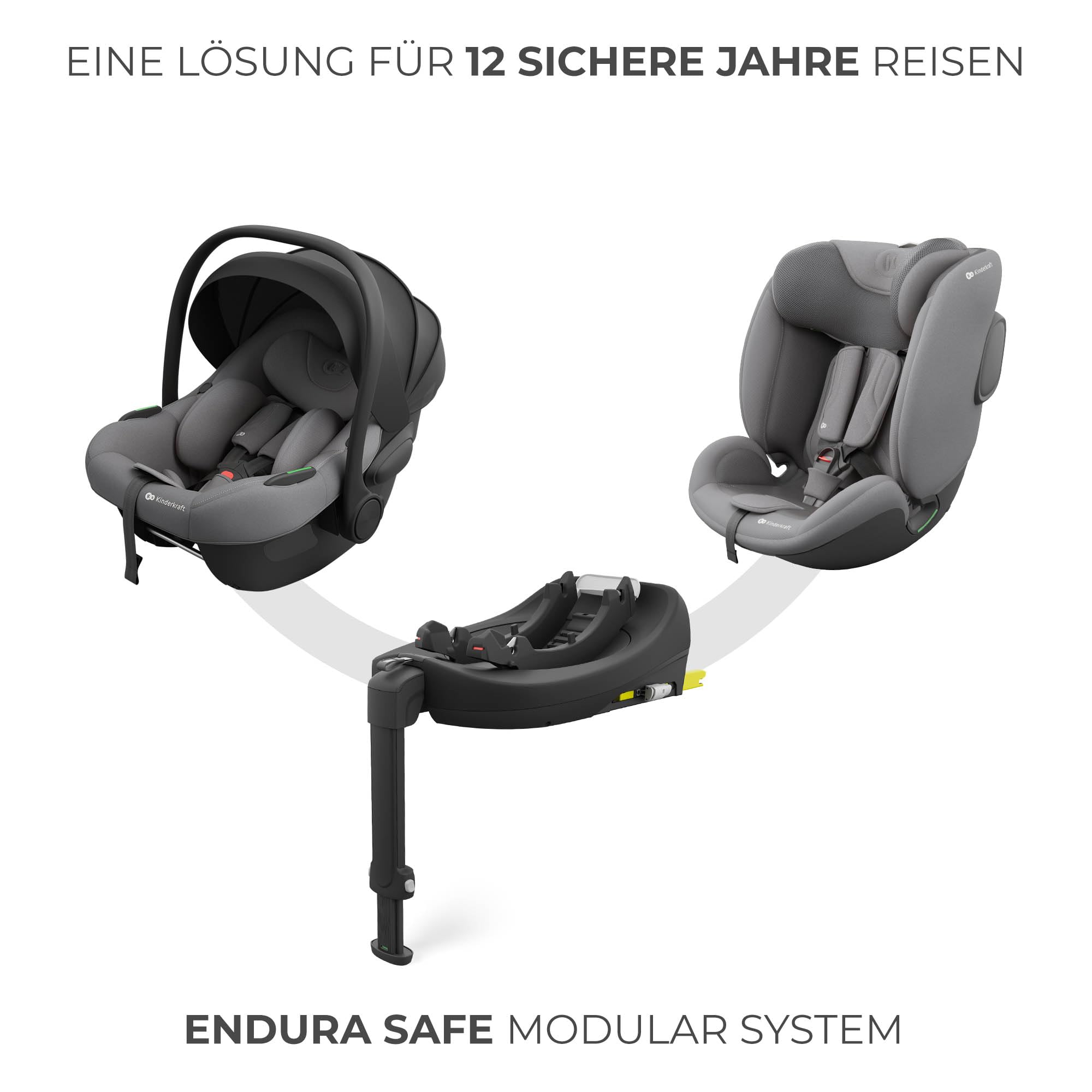 KINDERKRAFT ENDURA SAFE MODULAR SYSTEM, 3in1, für Kinder und Säuglinge, Autokindersitz, drehbare Basis (90°), ultraleicht (3,2 kg), Premium-Polsterung, Kopfschutzsystem, Grau