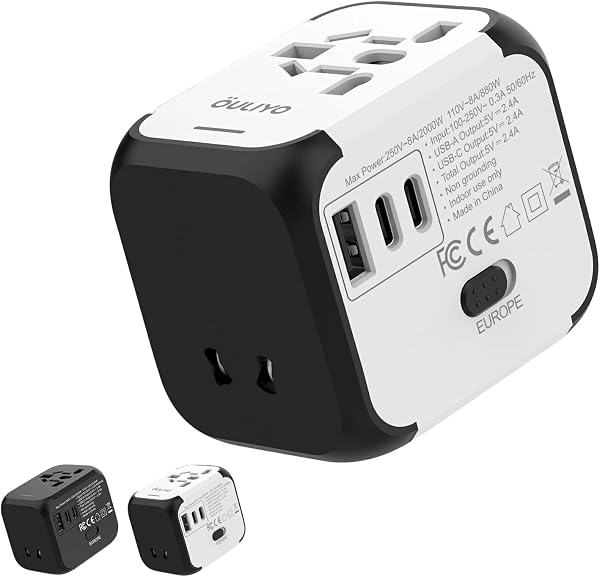 【2026最新型】海外変換プラグ 200ヶ国対応 USB-A&USB-C搭載 降圧機能付き 110V~250V対応 急速充電 小型軽量 約90g 5タイプ対応(A/C/SE/O/BF)旅行・出張用 (ホワイト) - 1