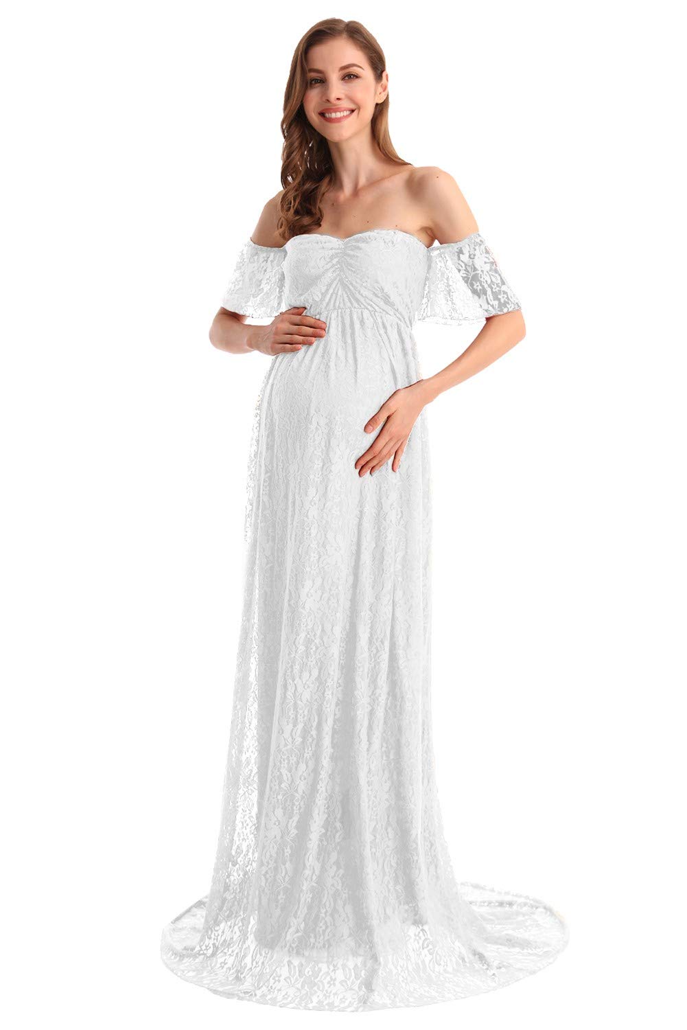 MYRISAM Damska czeska macierzyństwo bez ramion falbanka koronka suknia ślubna fotografia Maxi baby shower suknia zdjęciowa, biały, M