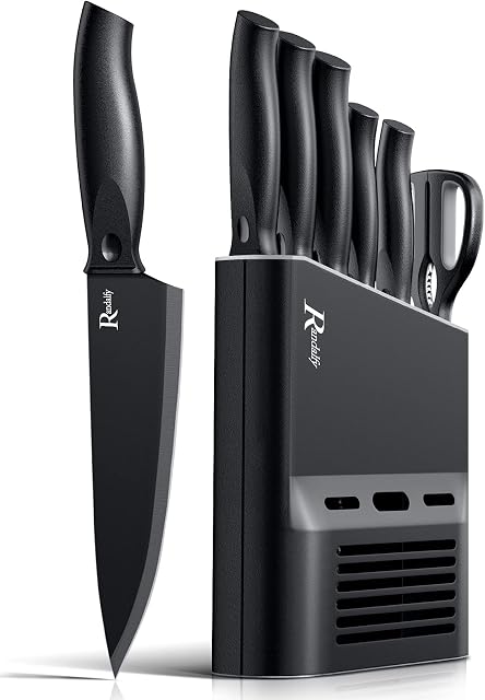 Kitchen Knife Set with Block, 7 Pieces Chef Knife Set with Knives, Scissor, Block for Meat/Vegetables/Fruits Chopping, Slicing, Dicing&Cutting, Black