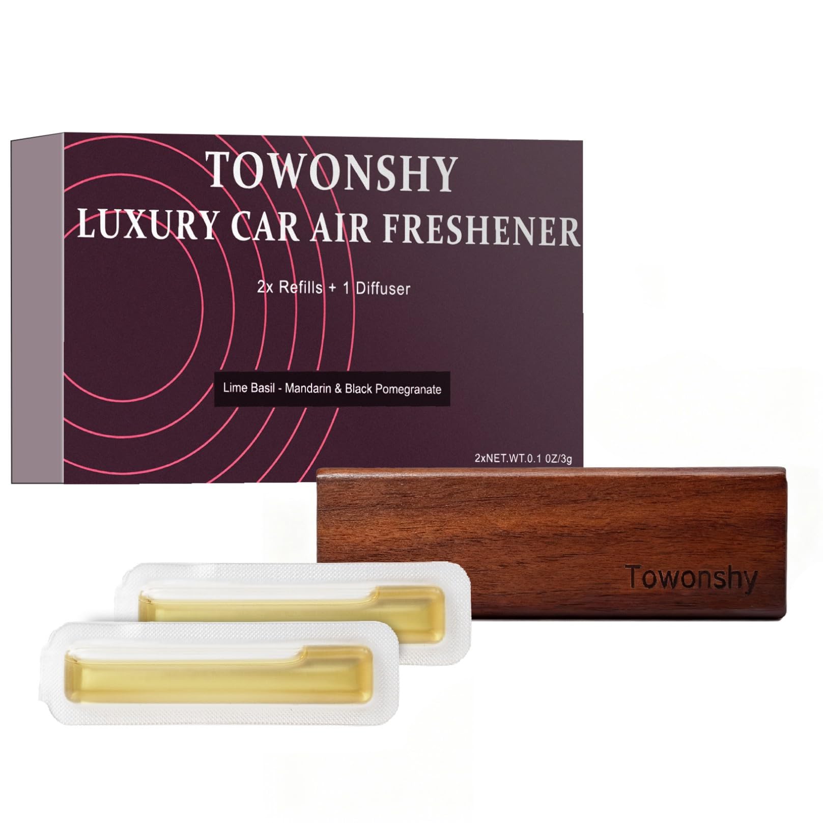 Towonshy Auto Duft Kompatibel mit Rituals Parfüm, Elegante Holzhalterung Autoduft, Herren Auto Lüftungsauslass Lufterfrischer, 2PC Limette Basilikum Mandarine & Schwarzer Granatapfel Natürlicher Duft