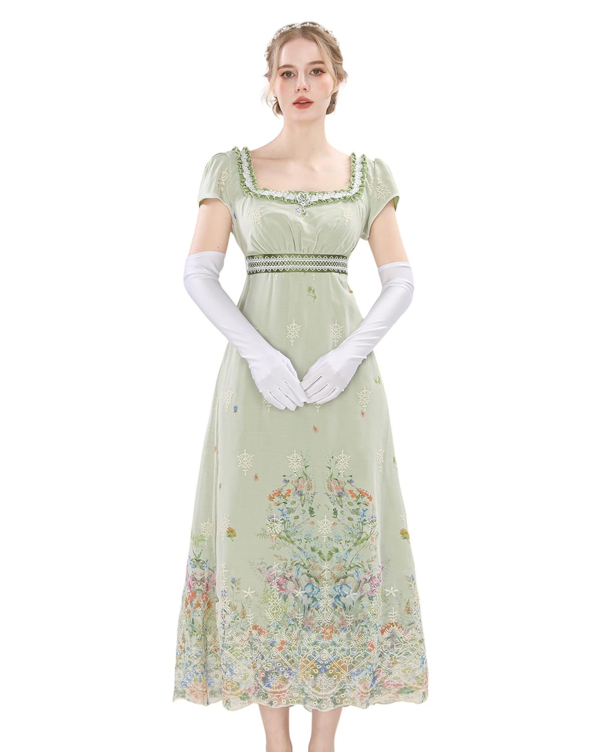 CR ROLECOS Womens Green Floral Regency Dress Short Sleeve Empire Waist Medieval Costume with Gloves S