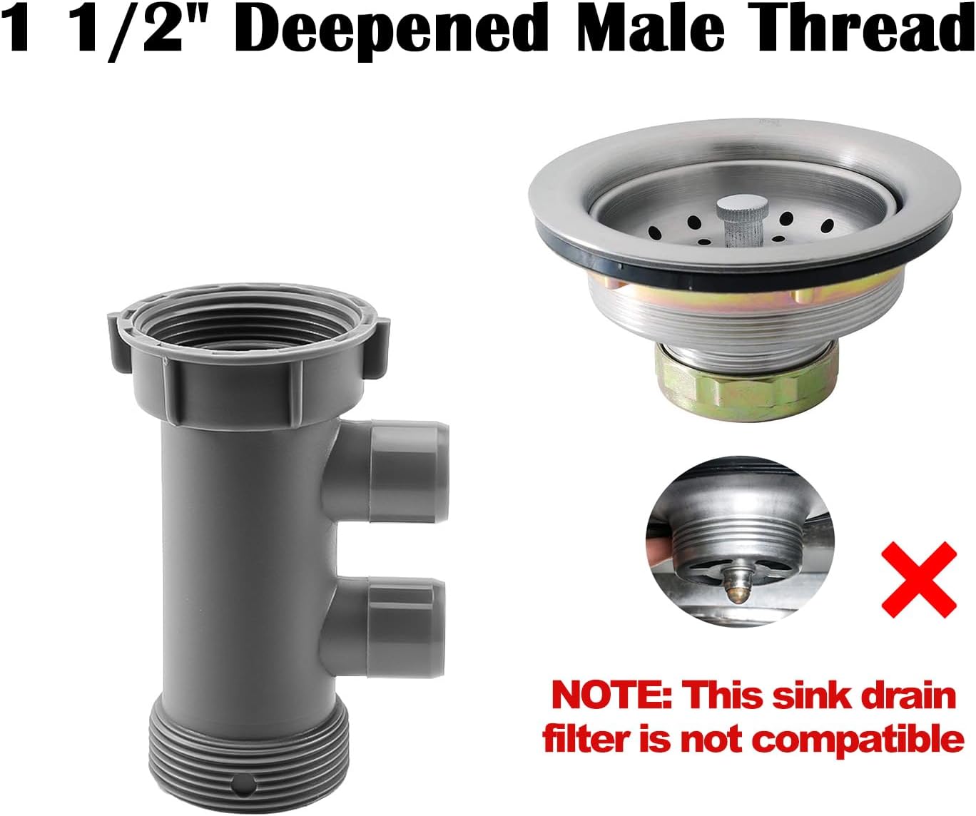 2Pcs 1-1/2 Inch Dishwasher Kitchen Drain Pipe Hose Adapter, Kitchen Sink Drain Pipe Four-way Adapter Male Female Thread Fitting,with 1/4" Filter water line adapter