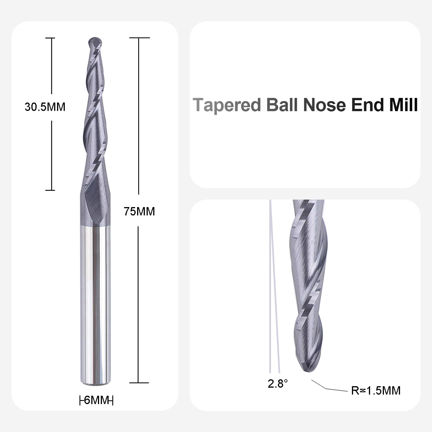 SpeTool Fraise Conique Fraise Defonceuse 6mm Fraise CNC en Carbure de Tungstène Rayon de 1,5 mm 2,8 Degrés avec Revêtement TiAIN pour la Gravure et la Sculpture en 2D et 3D dans le Travail du Bois