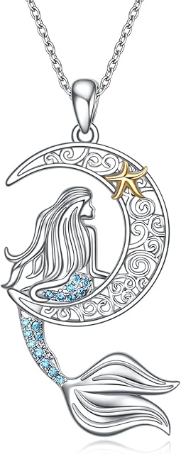 Sterling Silver Mermaid Necklace with Blue Crystal Moon Pendant Jewelry Gifts for Women