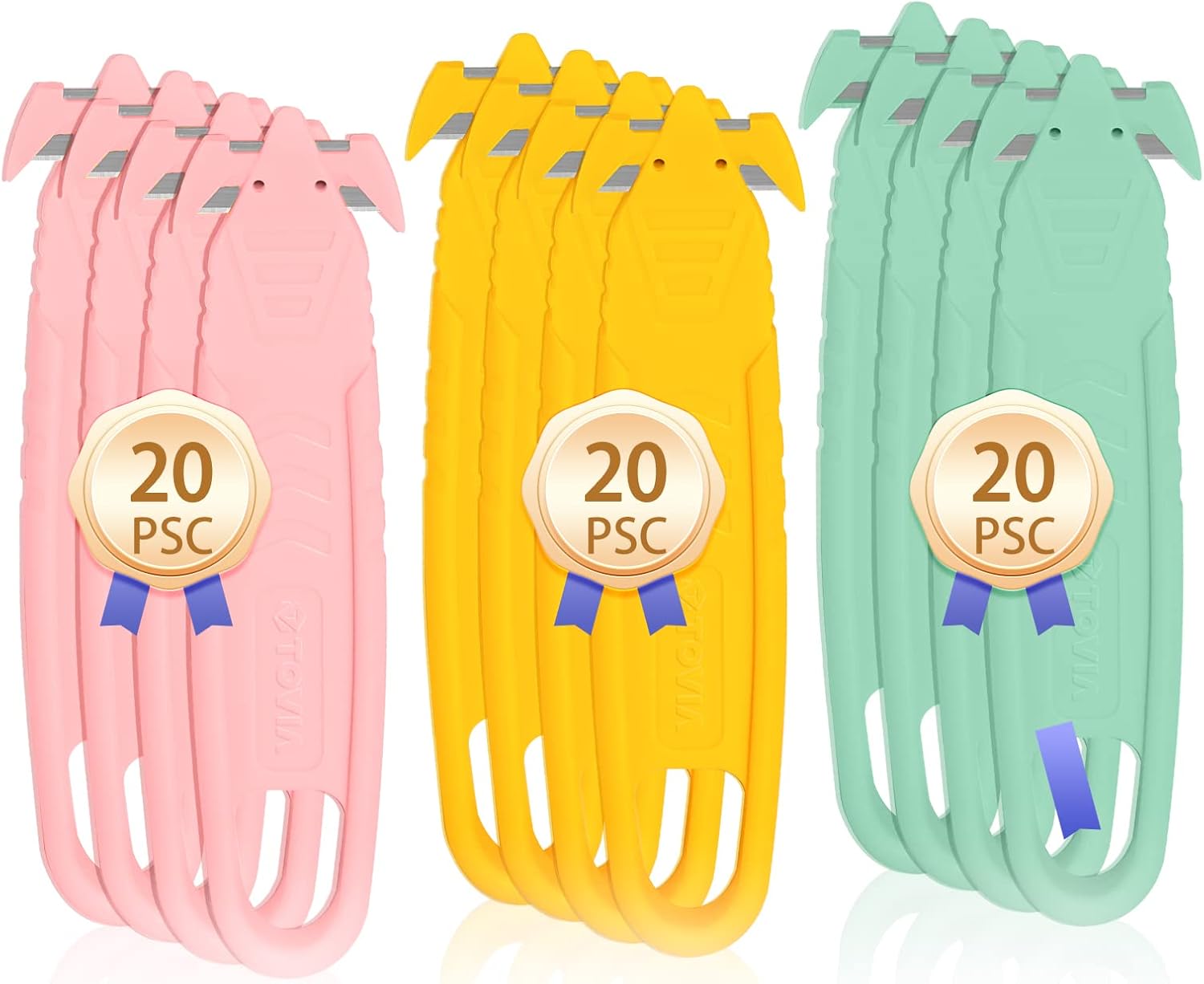 Safety Box Cutter, 70 pcs T TOVIA Stainless Steel Concealed Blade Package Opener with Tape Splitter for Cartons, Cardboard, Wrap, Straps, Film (70 Pieces - Assorted Colors)