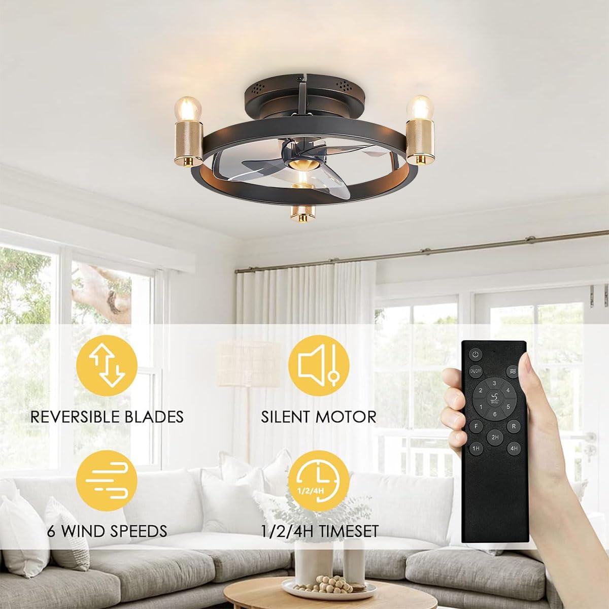 Ventilatore A Soffitto Con Luce E27 E Telecomando | Design Retrò Industriale Nero/oro | 6 Velocità Silenziose E Timer - 3