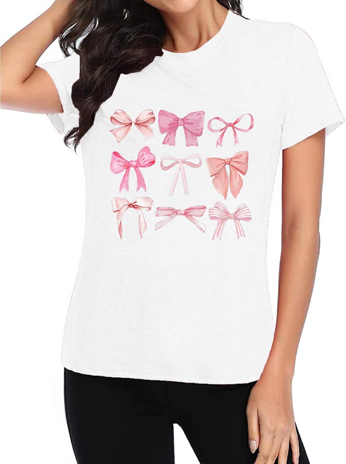 Womens Bow Shirt:Trendy Pink Bow Girly Tee Aesthetic T-Shirt Coquette Aesthetic Tee Tops - Image 2