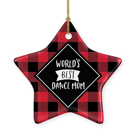 Andaz Press Star Ceramic Porcelain Christmas Tree Ornament Keepsake Gift, World's Best Dance Mom, Plaid, 1-Pack, Birthday Gift Ideas Coworker Him Her, Includes Gift Box