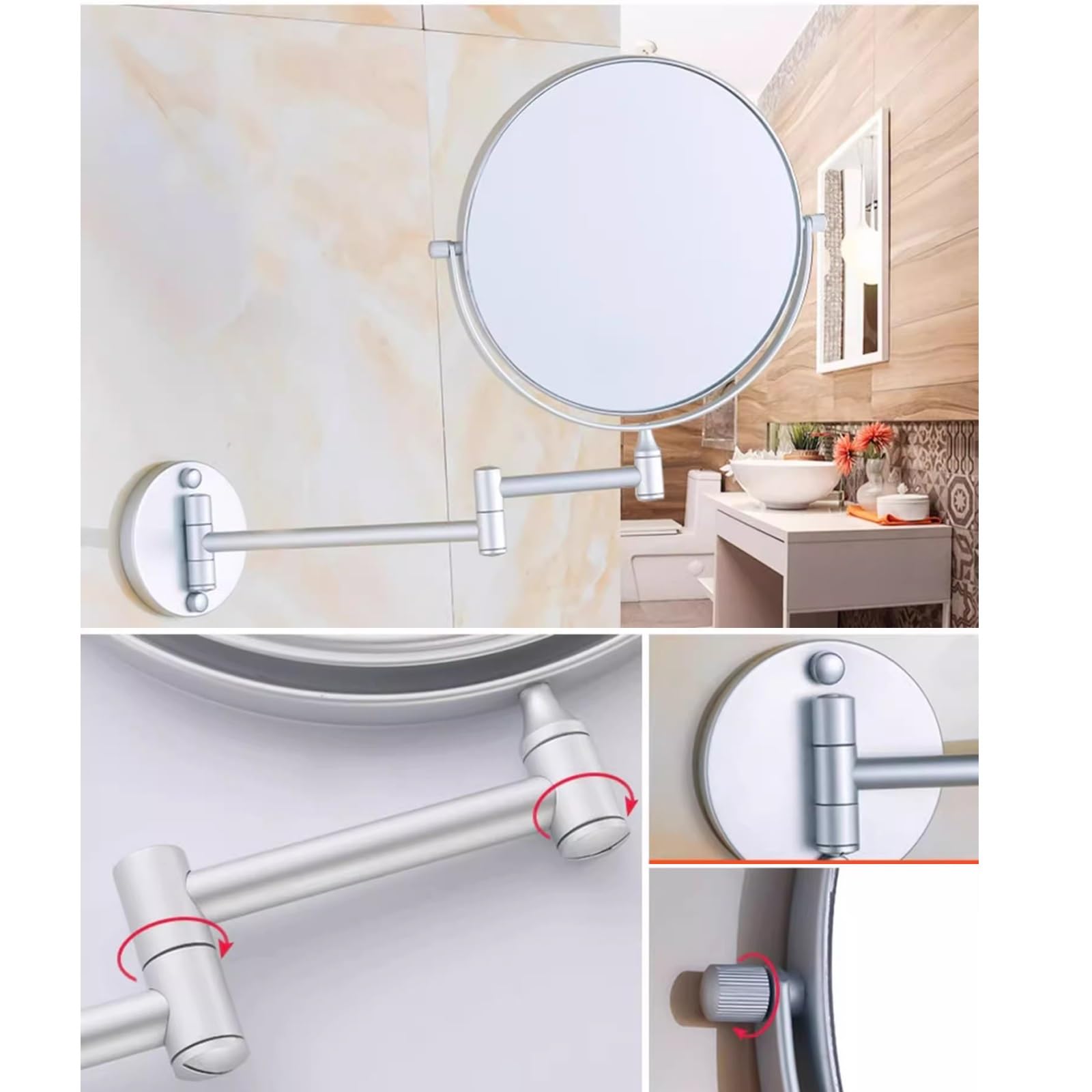 Specchio Trucco Da Parete Specchio Cosmetico Con Ingrandimento 1x/3x, Estensibile A 360 °, Specchio Da Bagno Per Trucco O Rasatura Braccio Pieghevole Estensione(Noir)