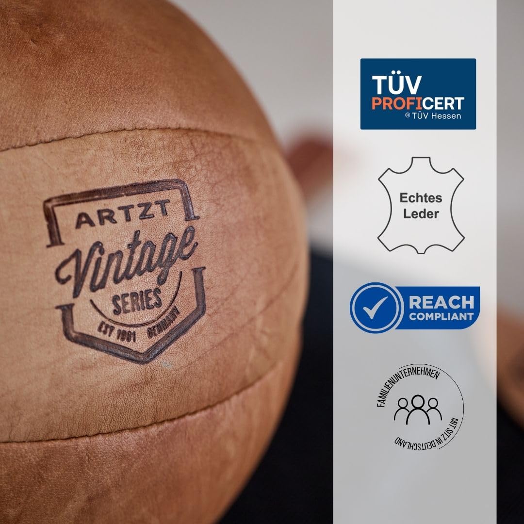 ARTZT Vintage Series Medizinball | Handveredeltes Rindsleder | Einzigartiges Design | Made in Germany | Robust & Langlebig | Ideal für Wohnzimmer & Trainingsraum (4 KG)