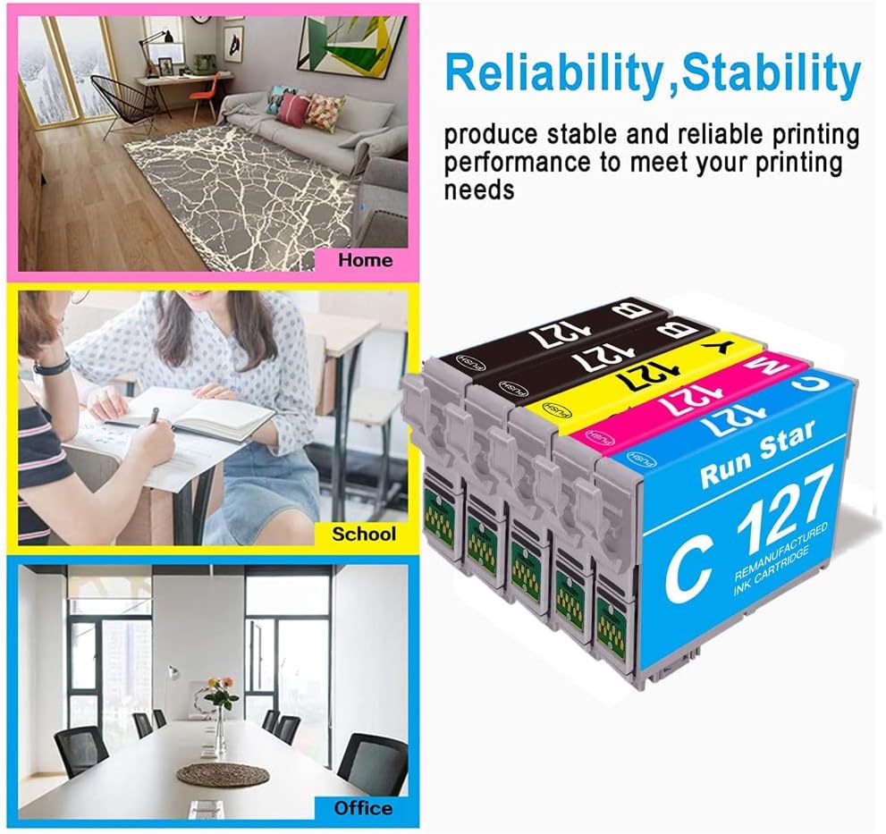 Run Star 5 Pack Remanufactured for 127 T127 Ink Cartridge Replacement for Epson 127 T127 use for WF-3520 WF-3540 WF-7010 WF-7510 60 530 625 840 545 Printer (2 Black 1 Cyan 1 Magenta 1 Yellow)