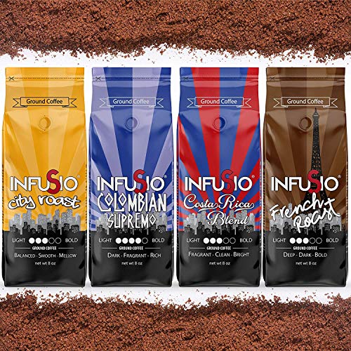 InfuSio Gourmet Ground Coffee, (64oz) Variety Pack, Eight 8oz Bags (Pack of 8) - 4lbs Total - (French Roast/Colombian/City Roast/Costa Rica) With Flavored Blends (Pecan/Chicory/Vanilla/Creme Brulee)