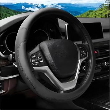 Car Steering Wheel Cover, 14.5"-15" Leather Anti-Slip Sporty Vehicle Steering Wheel Protector, Soft Breathable Auto Interior Decoration Accessories, Universal for SUV Truck Sedan Black