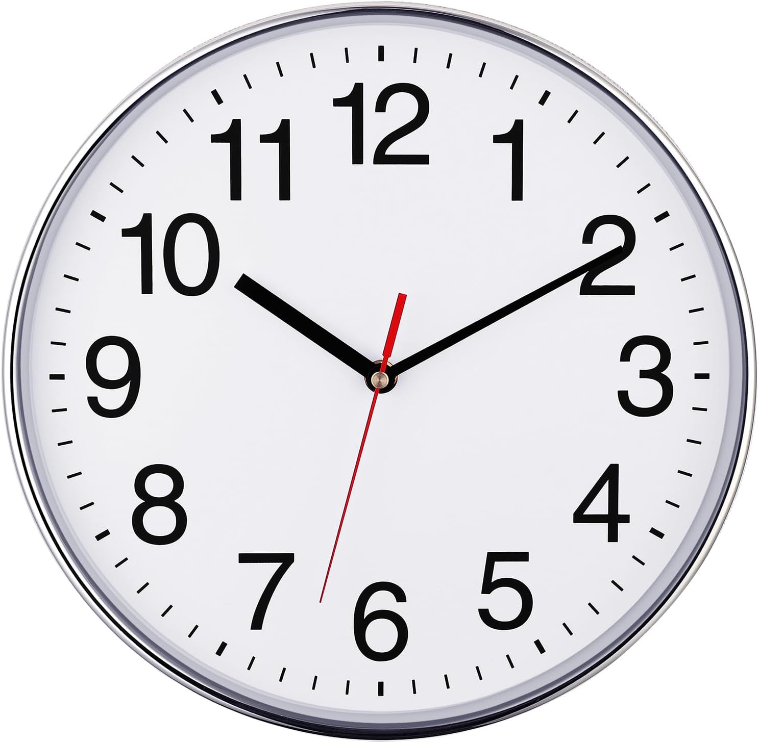Plumeet Silent Wall Clock - 12" Non Ticking Quartz Black Wall Clocks - Simple Design Wall Clocks for Living Room Decor, Battery Operated, Chrome
