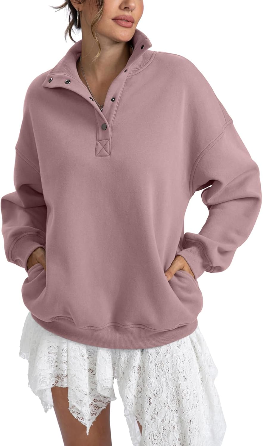 EasyGala Womens Fleece Sweatshirts Oversized Henley Neck Long Sleeve Button Pullover Tops Trendy Outfits Clothes 2026
