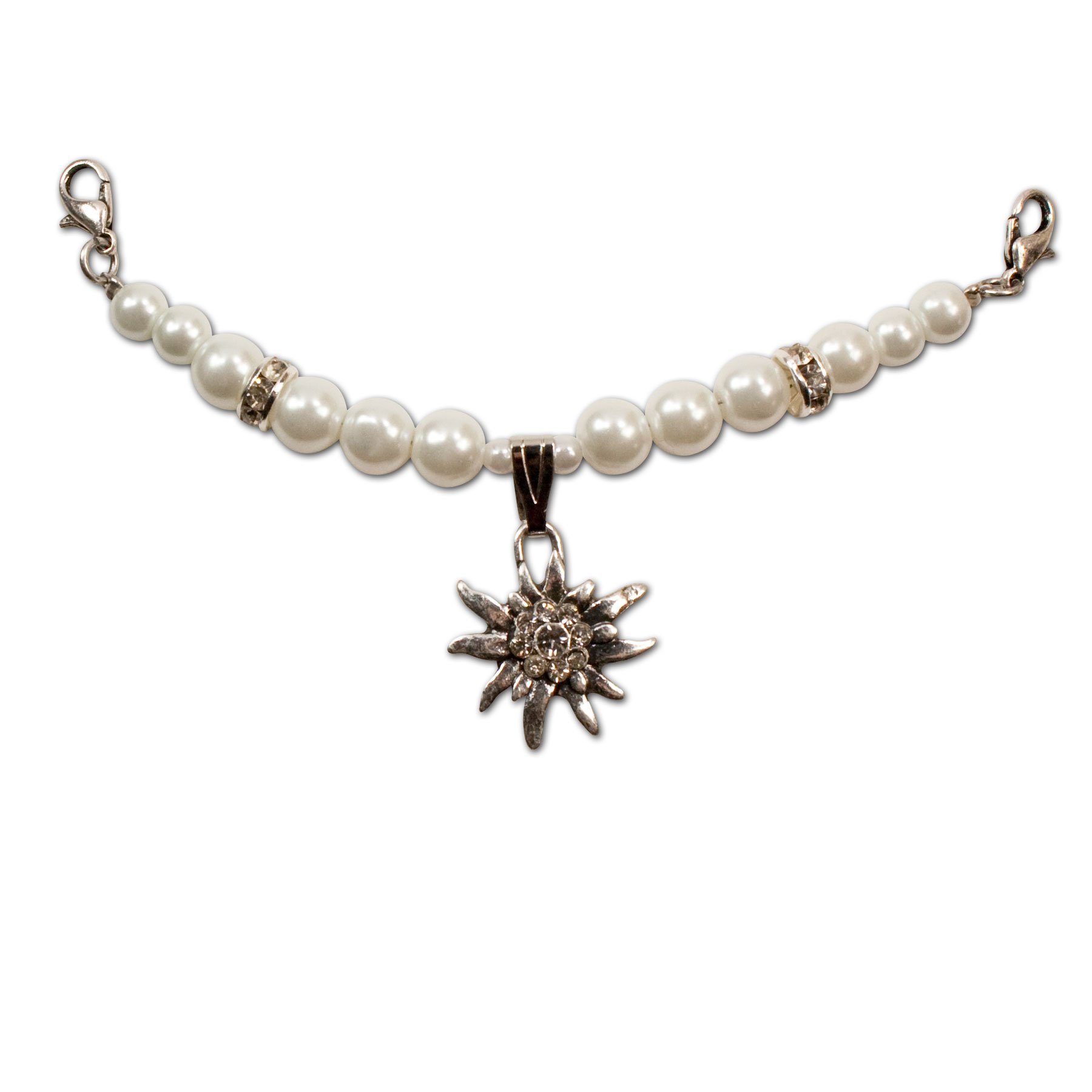 Alpenflüstern Trachtenschmuck-Set Perlen-Trachtenkette, Armband, Charivari und Ohrhänger Strass-Edelweiß - Damen-Trachten-Schmuck, Trachtenset Creme-weiß SET048
