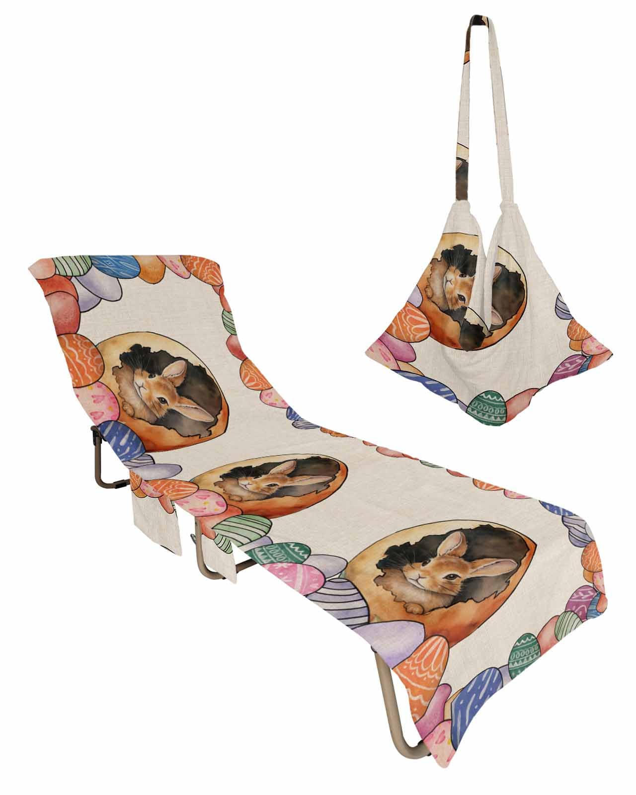 Colorful Eggs Bunny Easter Beach Lounge Chair Towel Cover, Soft Chaise Lounge Towel with Side Pockets Patio Pool Chairs Cover for Beach/Pool Sunbathing 29x85 Watercolor Farmhouse