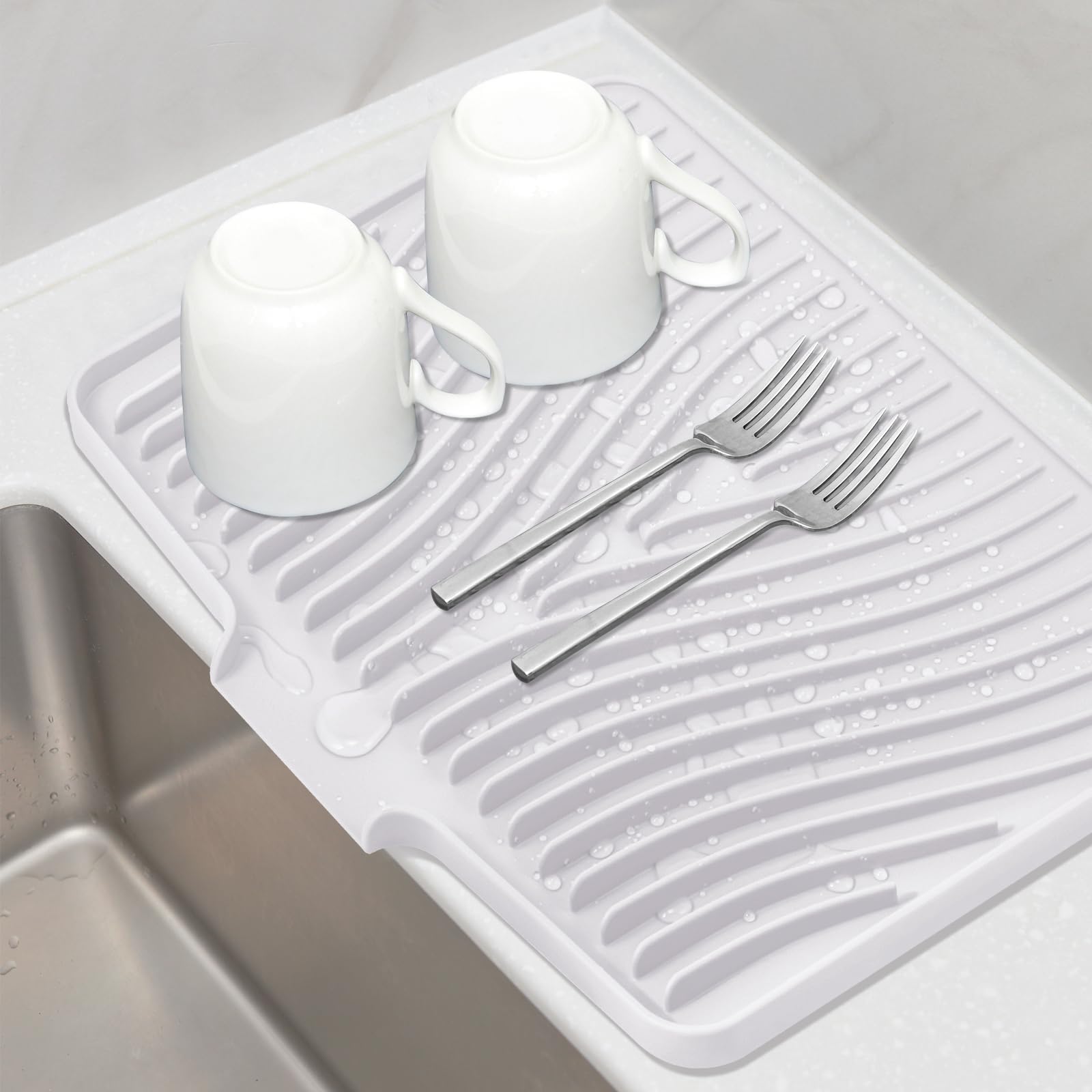 TIKNIK Silikon-Abtropfmatte für Küchentheke – hitzebeständig und rutschfest, mit integriertem Abfluss, spülmaschinenfest, schnell trocknend, zum Aufhängen und Aufrollen zur Aufbewahrung, Weiß, 1 Stück