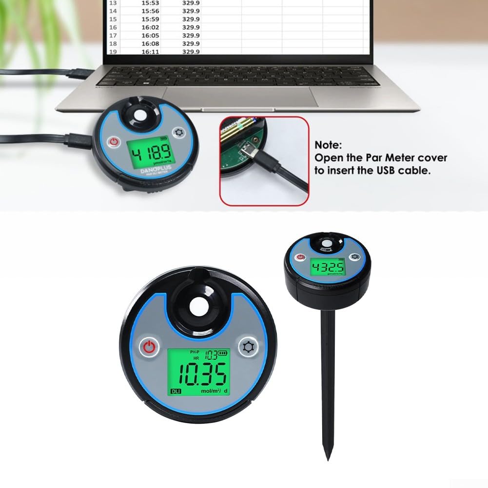 Medidor de luz PAR y DLI de doble función, espectrofotómetro impermeable IP65 con registro de datos de 5 años, pantalla digital para monitoreo del crecimiento de las plantas, negro