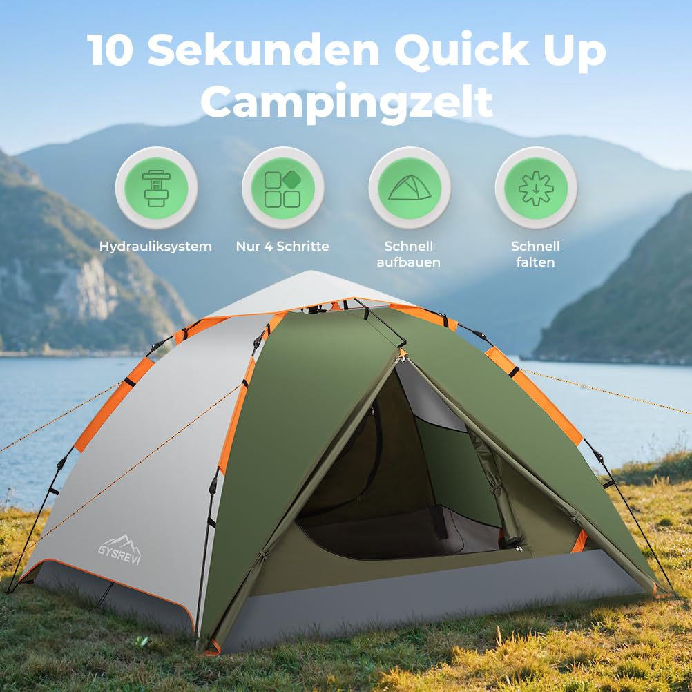 Camping Zelt Automatisches 3 Personen Instant Zelt Pop Up Zelt 4 Jahreszeiten Winddicht Wasserdicht Kuppelzelt mit 2 Mesh-Tür, 2 Mesh-Fenster, 2 in 1 Doppelschichten, Tragetasche für Familie