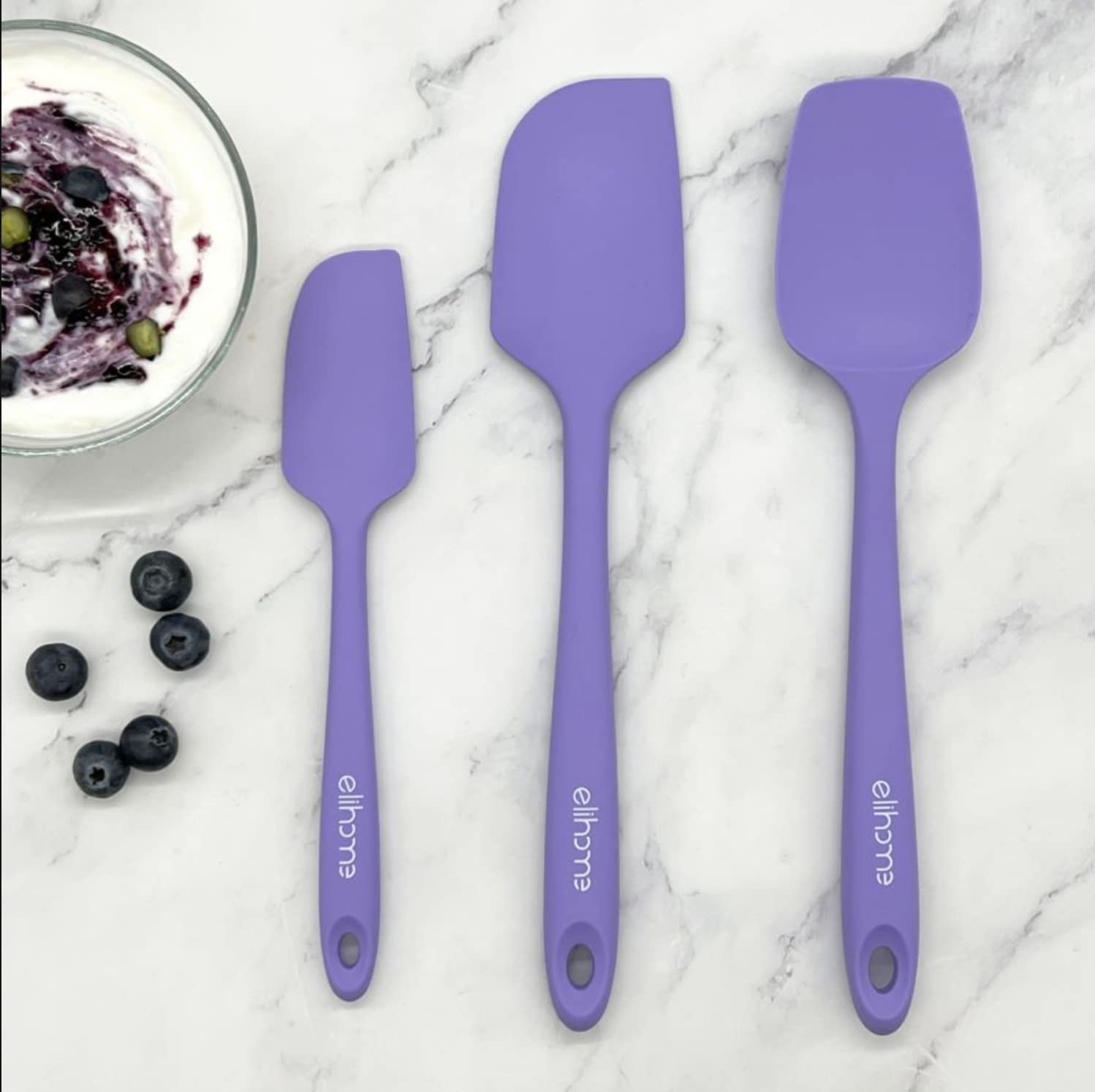 Elihome Chef Series - Set di 3 spatole in silicone, resistenti al calore, antiaderenti, per cucinare, cuocere e miscelare, senza BPA e silicone certificato LFGB, colore viola