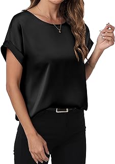 Women's Summer Dressy Casual Short Sleeve Shirts Crewneck Silk Satin Business Office Work Blouse Tops - Buy now