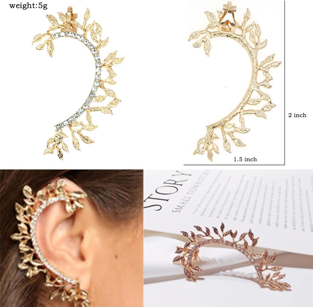 Miniatura 3 de Pendientes de chamarra de joyería de escaladores de hojas aretes de aleación de cristales lindos para la oreja izquierda clip de oro para mujeres y