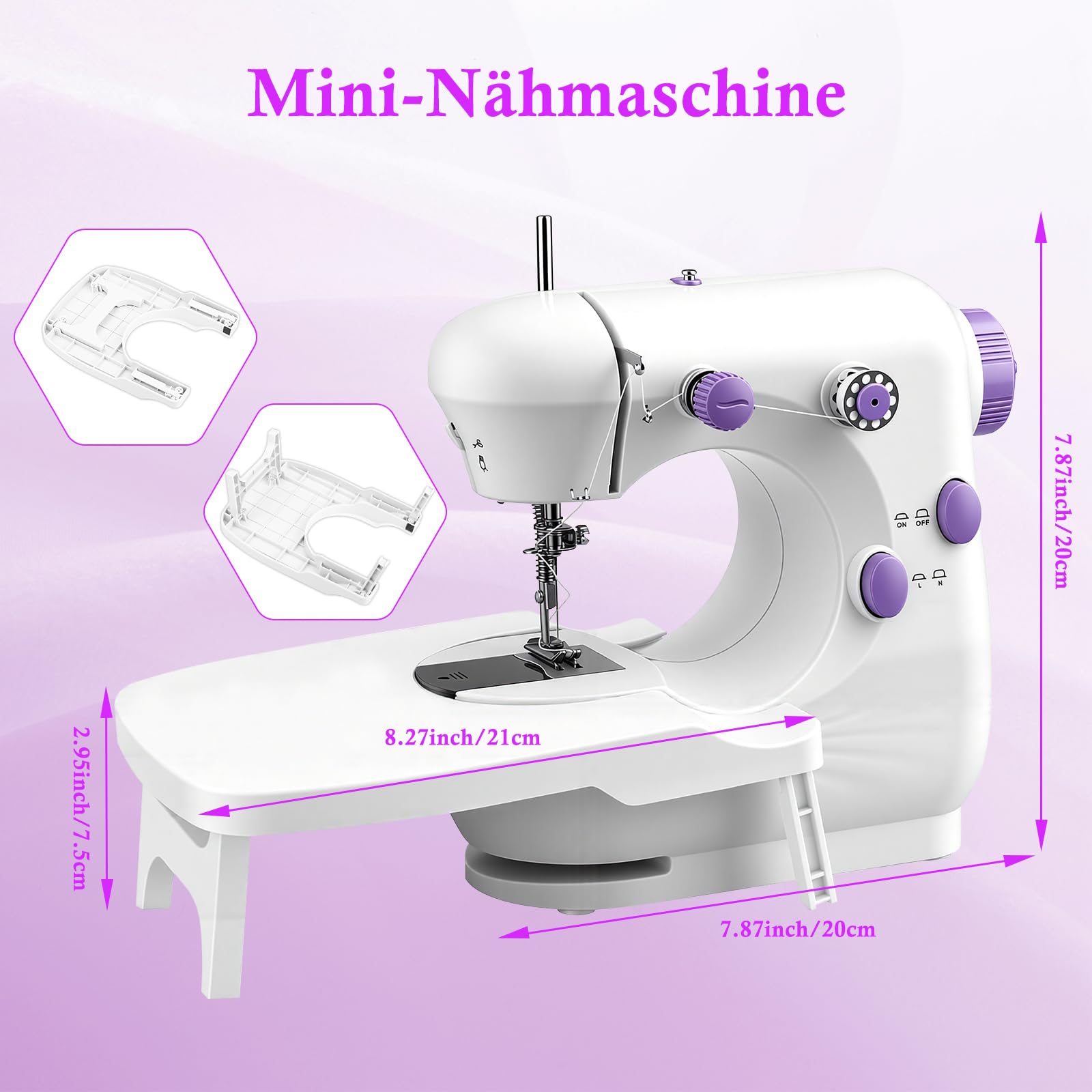 Nähmaschine für Anfänger mit 42 Teilen Zubehör, Tragbare Nähmaschine Kinder Elektrisch mit Dual-Speed, Leicht Tragbar für DIY & Handarbeit - für Kinder & Erwachsene (Lila/Weiß)