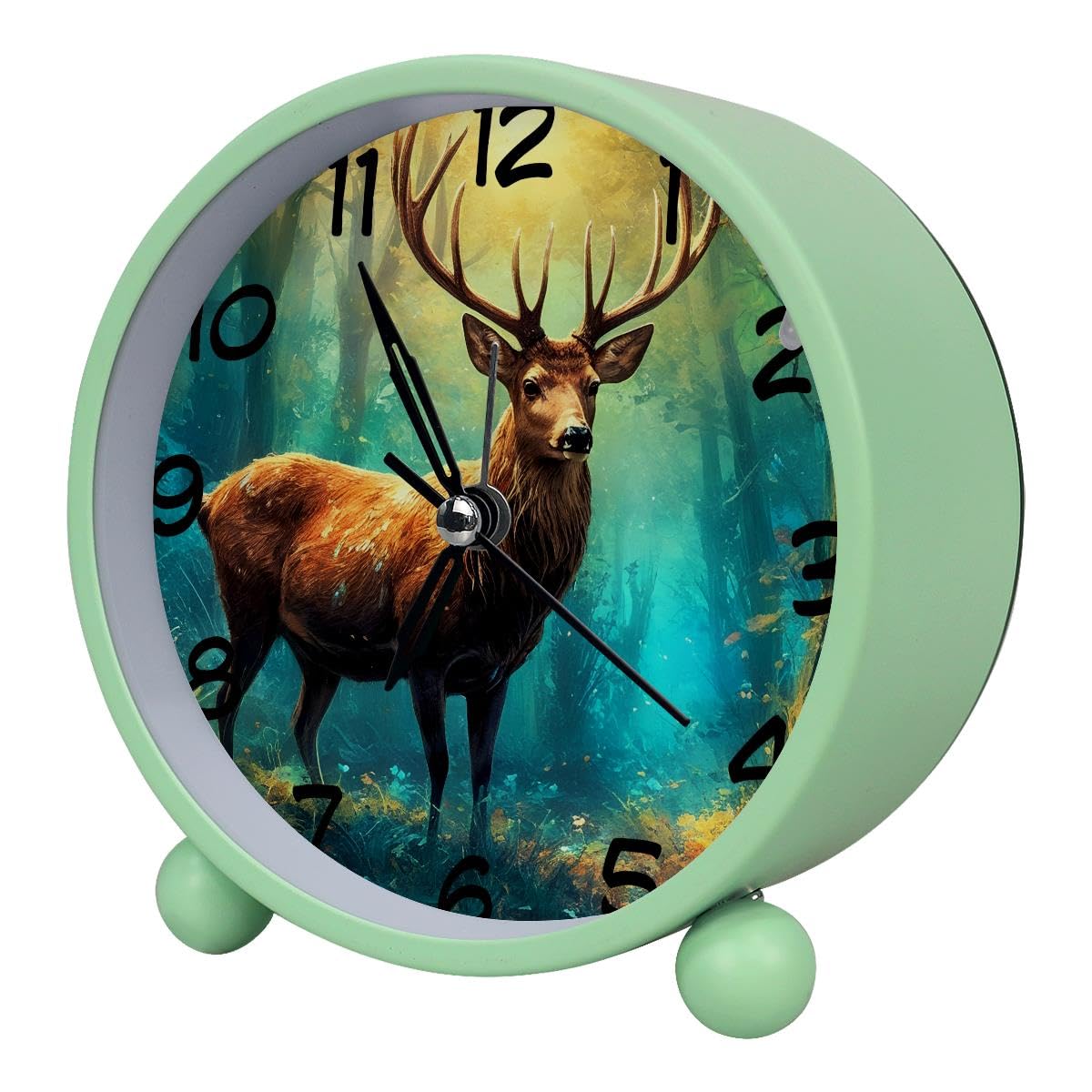 Luoweisi Analog Alarm Clock Deer Forest, Silent Non-Ticking with Night Light, Battery Operated, Round Desk Alarm Clock for Office, Bedroom, Elderly, Adults, Children, Student Gifts