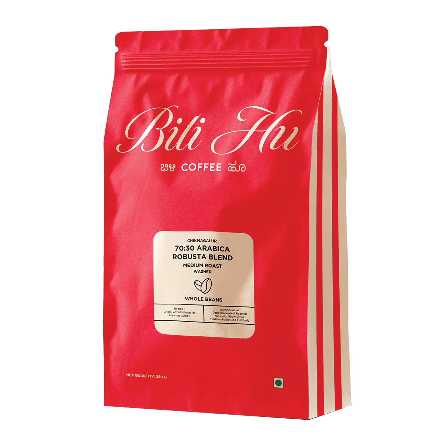 Bili Hu Coffees Roasters, Medium Roast Coffee Whole Beans, Arabica Roasted Beans from South Indian Estate (Pack of 1, 250 Gram)