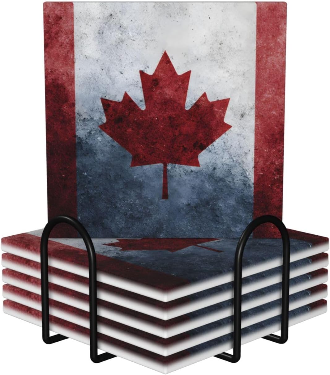 (Canada Flag) Ceramic Coasters Set of 6 with Holder Non-Slip Square Coffee Coasters for for Cup Mug Drink Patio Coffee Table Decor, Christmas Coasters Home Bar Supplies