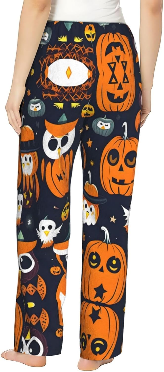 Halloween Owl Ghost Pumpkin Print Cozy Women'S Flannel Pajama Pants,Perfect For Christmas And Everyday Comfort