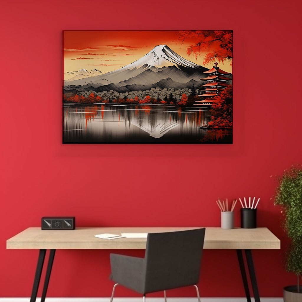 Canvas for Living room. Majestic Mount Fuji at Twilight: A Digital Painting of Nature's Serenity, 27 x 18 inch Canvas Wall Art - Contemporary Masterpieces - Modern Home Decor