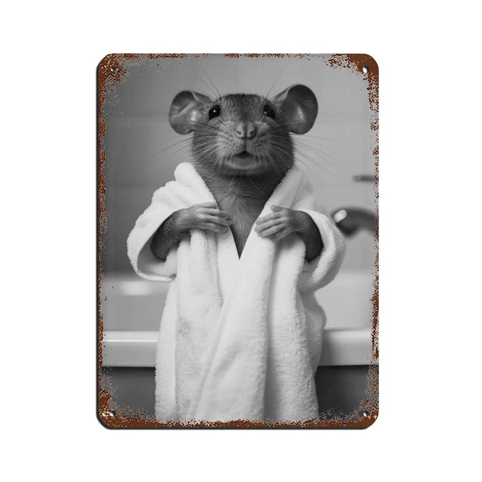 Mouse in A Bathrobe, Funny Bathroom Art Tin Sign Vintage Metal Pub Club Cafe Bar Home Wall Art Decoration Poster Retro 12x16inch(30x40cm)