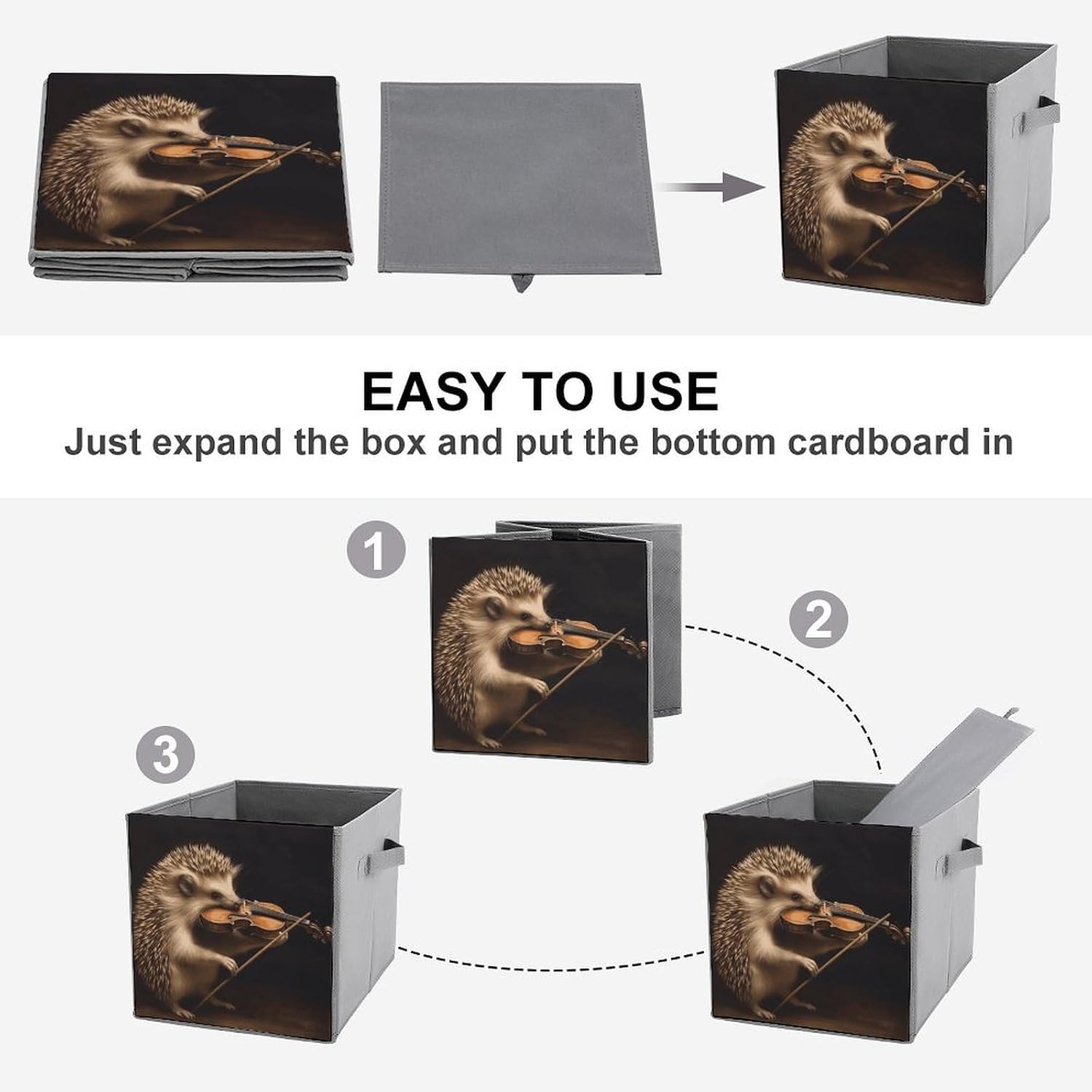 Folding Storage Bins Oxford Fabric Clothes Storage Boxes with Handles | Animal Hedgehog Music Violin Cube Organizer, Easy to Store, Multi Functional Cube Storage Organizer for Office Bedroom
