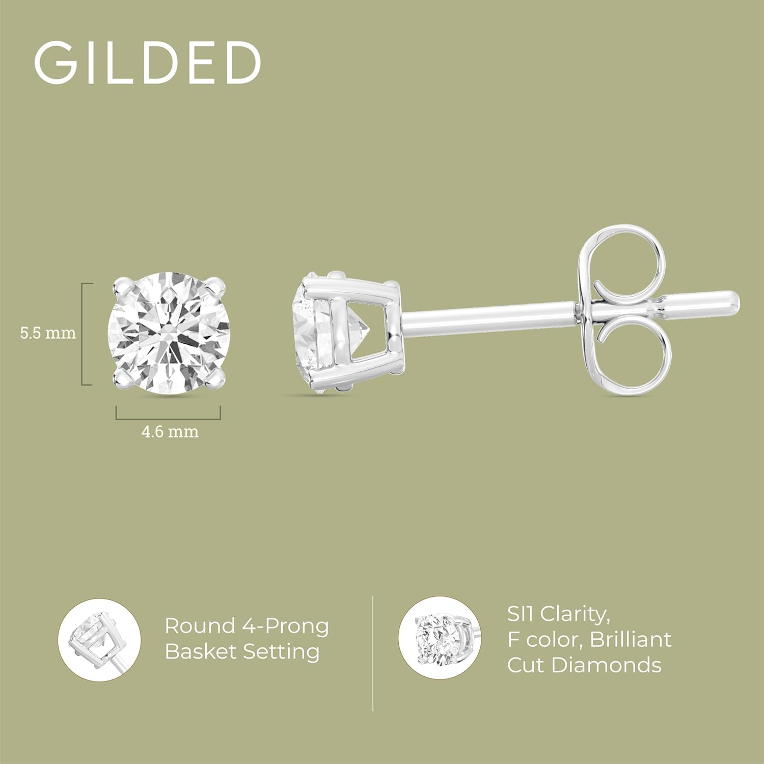 Gilded Lab-Grown Diamond 10KT White Gold and 10KT Yellow Gold Stud Earrings for Women| Hypoallergenic Fine Gold Jewelry | 4-Prong Basket, Push Back Nut | SI1 Clarity, F Color, Round Cut | 1/5,1/4,1/3,3/8,1/2,3/4,1 Carat Total Weight - Image 4
