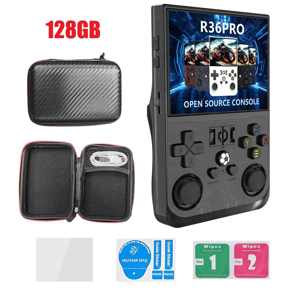 Suoumwa Consola de Juegos Retro Portátil R36PRO de 128 GB y Pantalla HD de 3,5 Pulgadas, Reproductor de Vídeo Portátil de Bolsillo Compatible con para Más de 30 Emuladores B