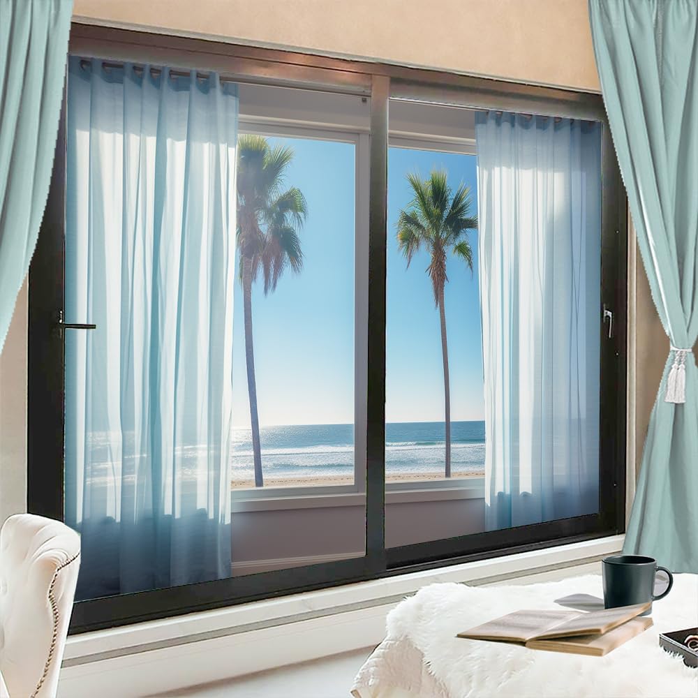 Opening Window Sea View Stained Glass Window Film Modern Coconut Tree Ocean Privacy Window Film Glass Door Covering Non-Adhesive Window Stickers for Room Kitchen 35.4Wx63L-inch x2 Pcs