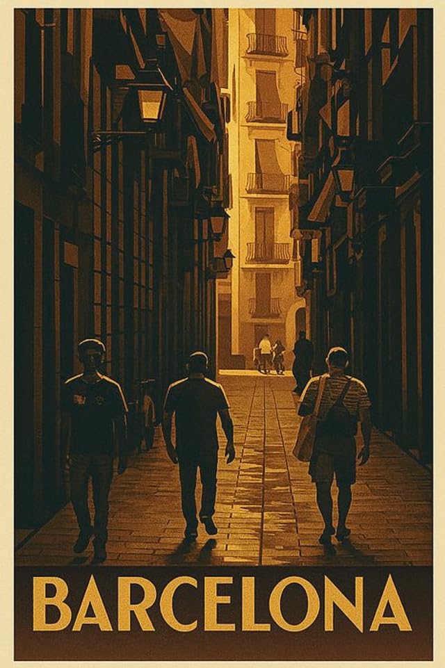 Póster vintage de Barcelona para enmarcar con paisaje urbano del casco antiguo