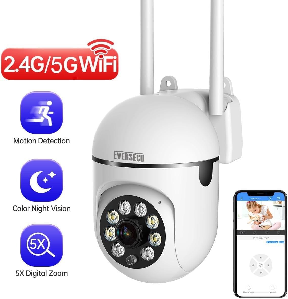 EVERSECU 1080P Outdoor WiFi PTZ Security Camera, 5G WiFi, Auto Tracking, 2 Way Audio, Spotlight Night Vision, Compatible with Alexa, SD Card & Cloud Storage, Support ONVIF&RTSP IP CCTV Camera(4pack)