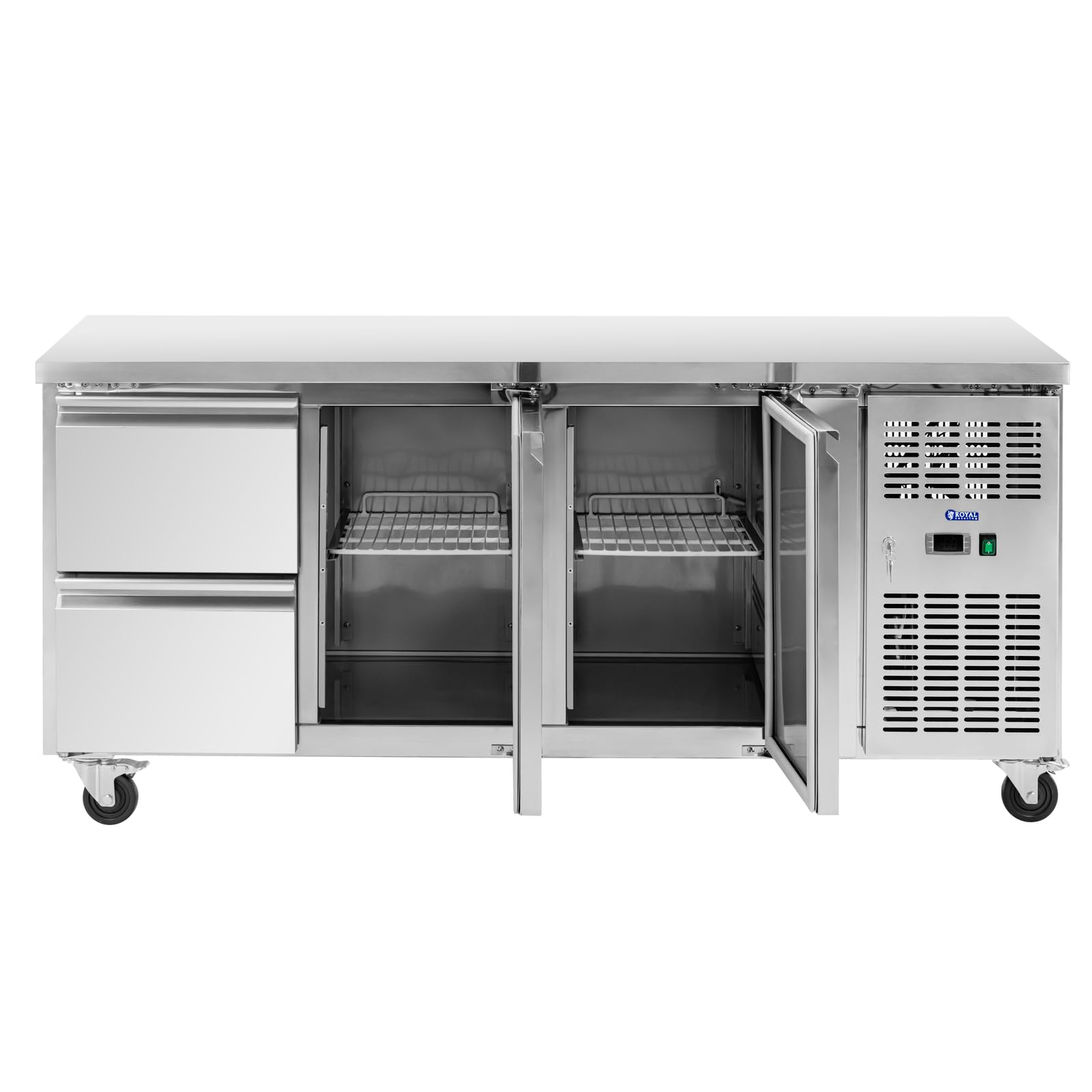 Royal Catering Table réfrigérée sur roulettes 410 l avec 2 compartiments et 2 tiroirs 179,5 x 70 cm Classe B en inox - Table frigo Desserte réfrigérée Table froide